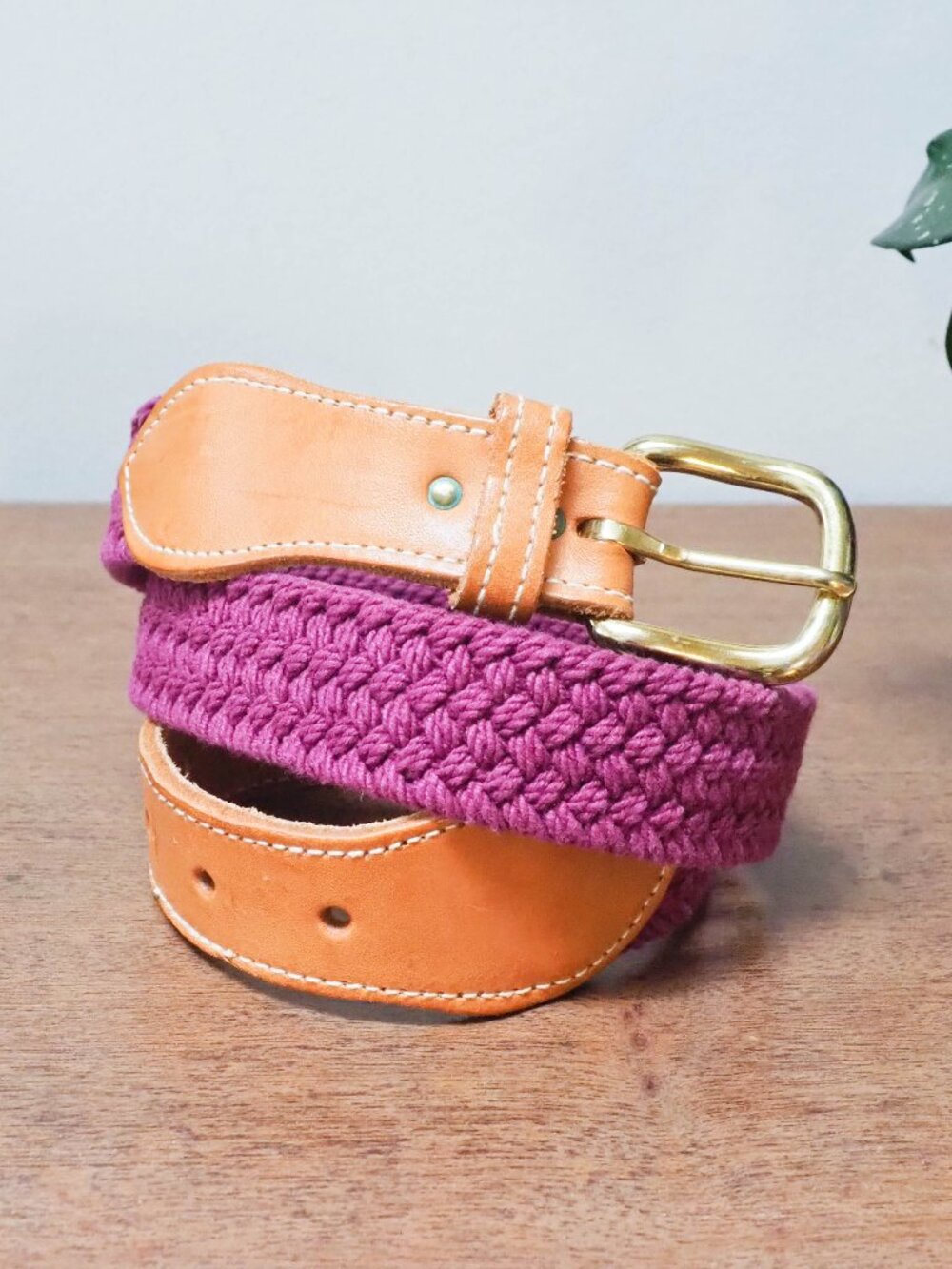 Vtg Fuschia Fabric and Leather Belt - Large - Plum Purple Braided Fabric Belt